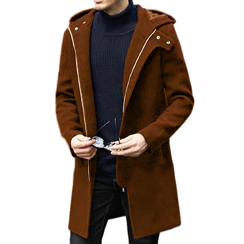 Men's Fashion Solid Color Hooded Zipper Mid-length Coat 9261105086648