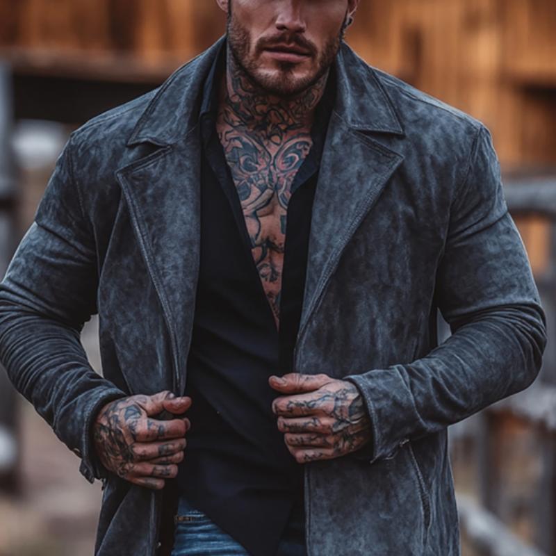 Men's Solid Color Suede Lapel Mid-Length Windbreaker Trench Coat 9261101940920