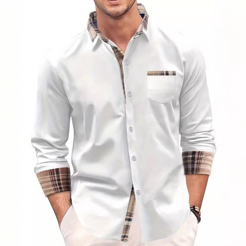Men's Plaid Patchwork Chest Pocket Long Sleeve Shirt 9261804552376