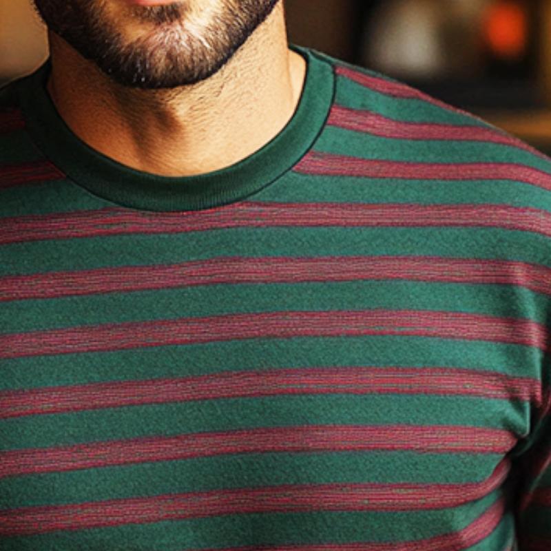 Men's Retro Casual Striped Printed Round Neck Long Sleeve T-Shirt 9880235868344