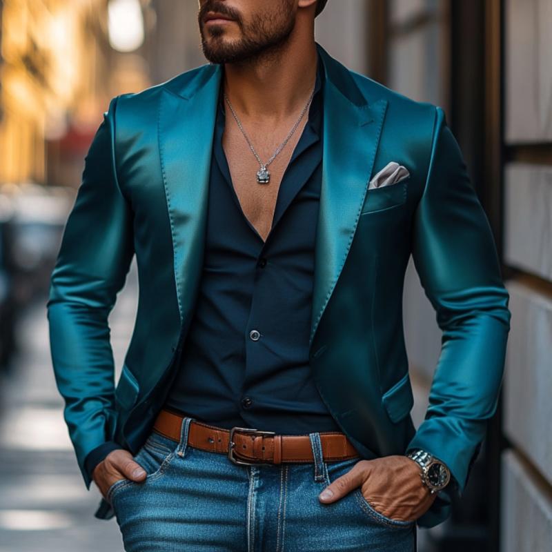 Men's Retro Elegant Satin Peak Lapel Single Breasted Slim Fit Blazer 9873518985400