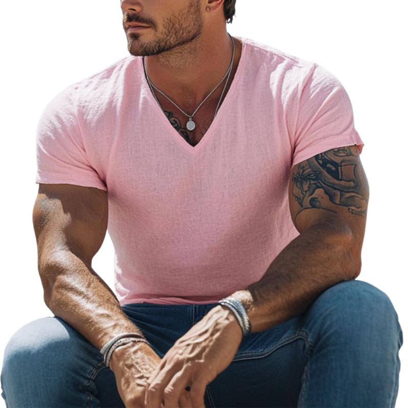 Men's Casual Cotton Linen V-neck Slim Short-sleeved T-shirt 9880238948536
