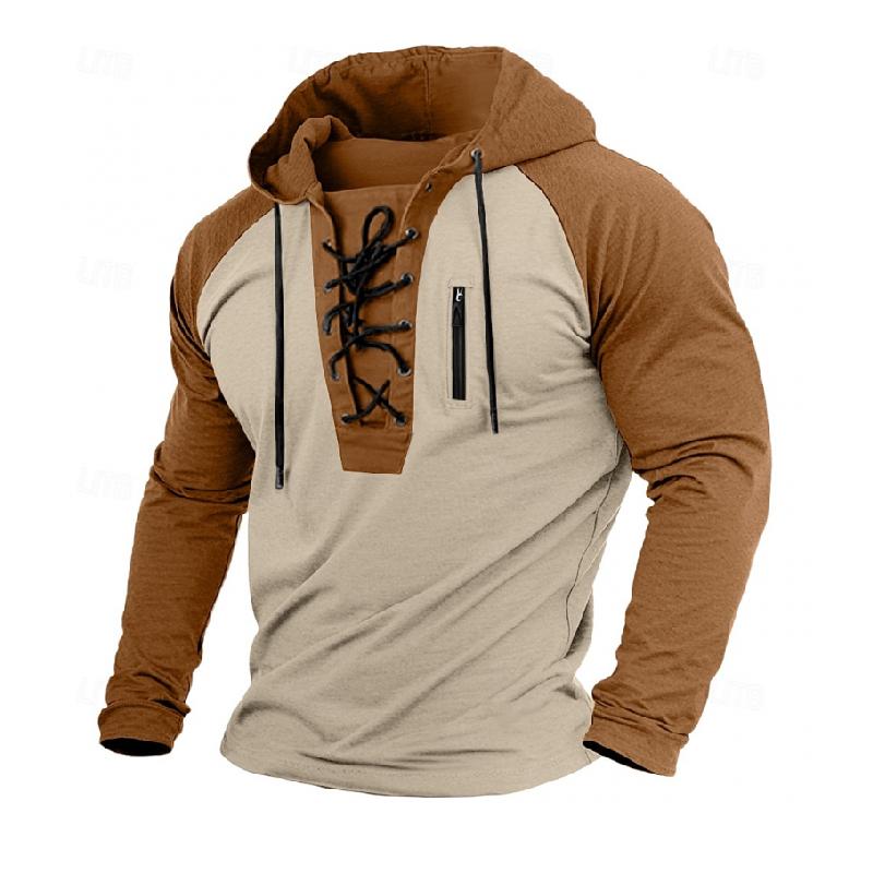 Men's Sports Slim Fit Colorblock Tie Hooded Raglan Long Sleeve T-Shirt 9888005587128