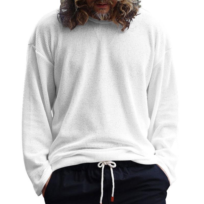 Men's Solid Color Knitted Waffle Loose Round Neck Long Sleeve T-Shirt 9261138215096