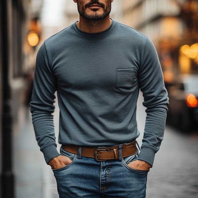 Men's Casual Cotton Blended Round Neck Patch Pocket Slim Fit Long Sleeve T-Shirt 9261141328056