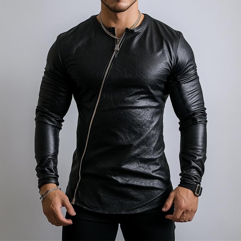Men's Stylish Round Neck Zippered Placket Slim Fit leather long sleeve T-shirt 9885322444984