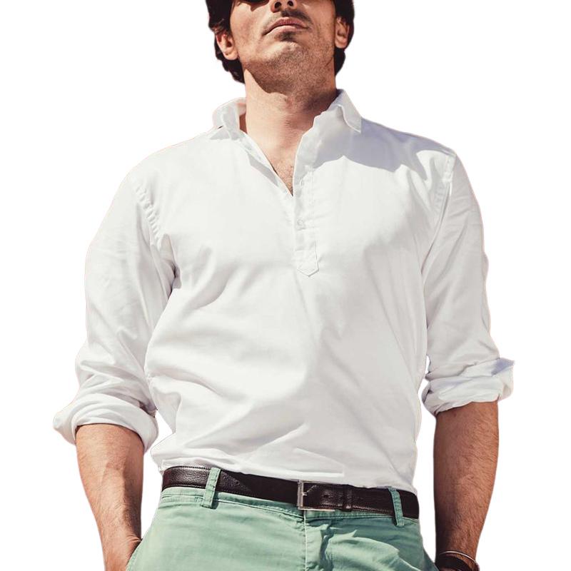 Men's Lapel Casual White Long Sleeve T-Shirt 9877926150328