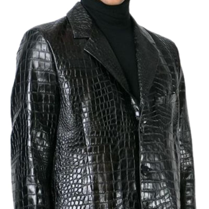 Men's Classic Mid-length Lapel Croc-effect Leather Coat 9885321887928