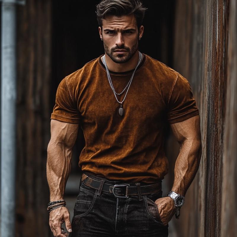 Men's Vintage Suede Round Neck Slim Short Sleeve T-Shirt 9877644148920