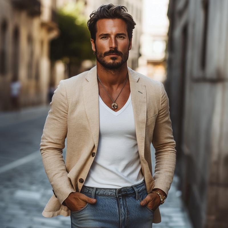 Men's Casual Cotton Linen Notch Lapel Single-breasted Slim-fit Blazer 9884641624248