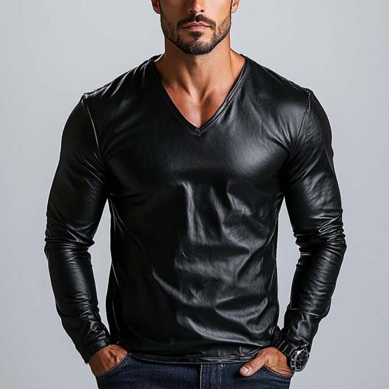 Men's Classic Casual V-Neck Leather Long Sleeve T-Shirt 9873134780600