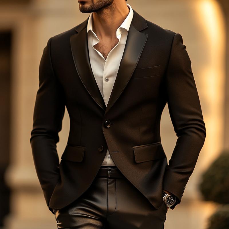 Men's Stylish Leather Patchwork Notch Lapel Single-breasted Slim-fit Blazer 9873518559416