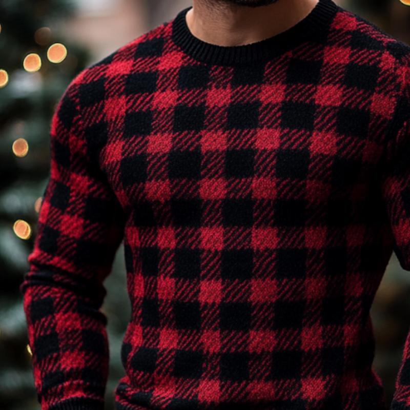 Men's Christmas Red and Black Check Crew Neck Slim Fit Sweater 9262184333496