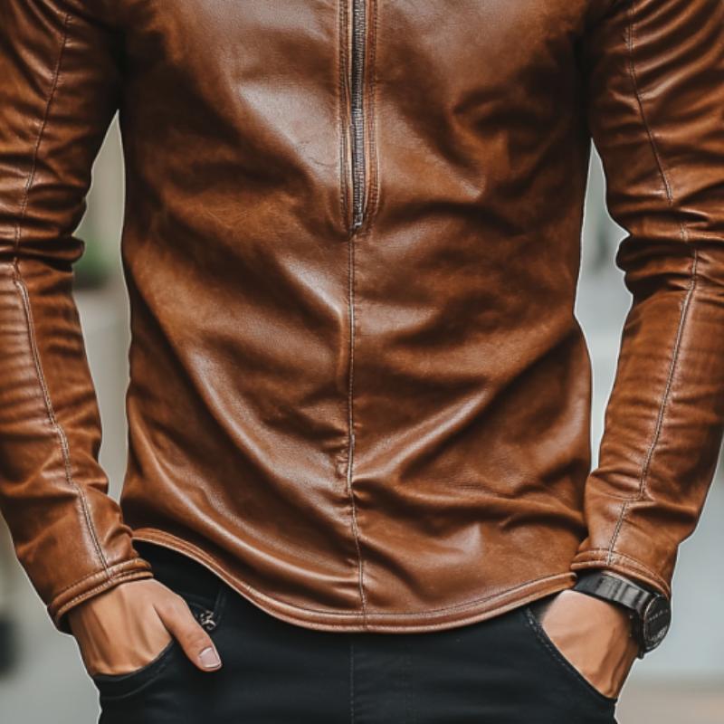 Men's Casual Fashion Round Neck Zipper Slim Leather Long Sleeve T-Shirt 9885322477752