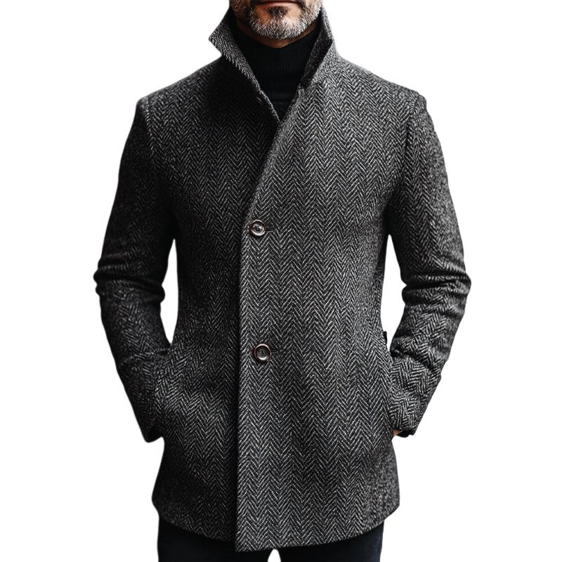 Men's Vintage Dark Grey Herringbone Mid-Length Coat 9885839720632