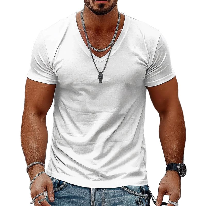 Men's Solid Color Casual V-neck Cotton Short-sleeved T-shirt 9261130580152
