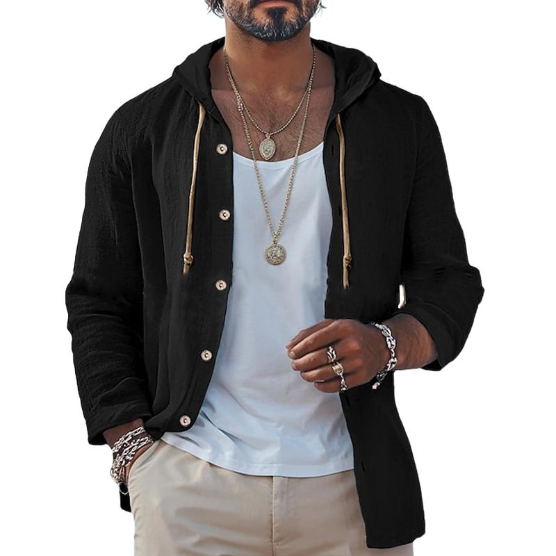 Men's Casual Cotton Linen Hooded Loose Long-sleeved Shirt 9261800980664