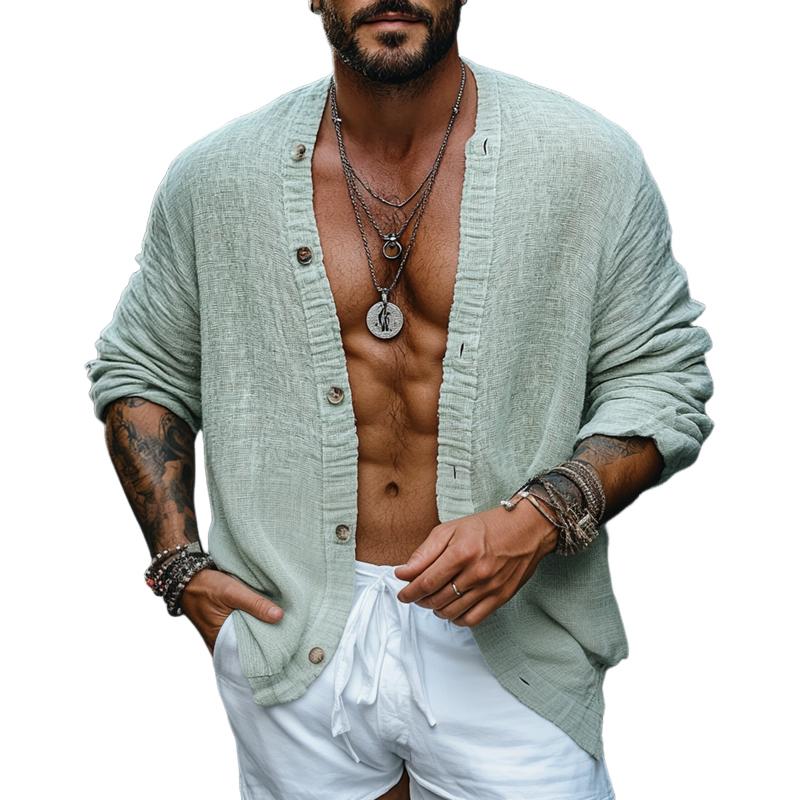 Men's Fashion Solid Color Collarless Long Sleeve Loose Shirt 9886819057848