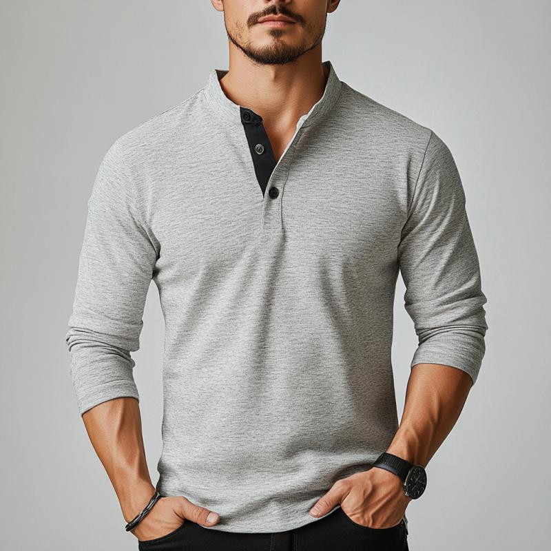 Men's Classic Casual Stand Collar Cotton Long Sleeve T-Shirt 9873134715064