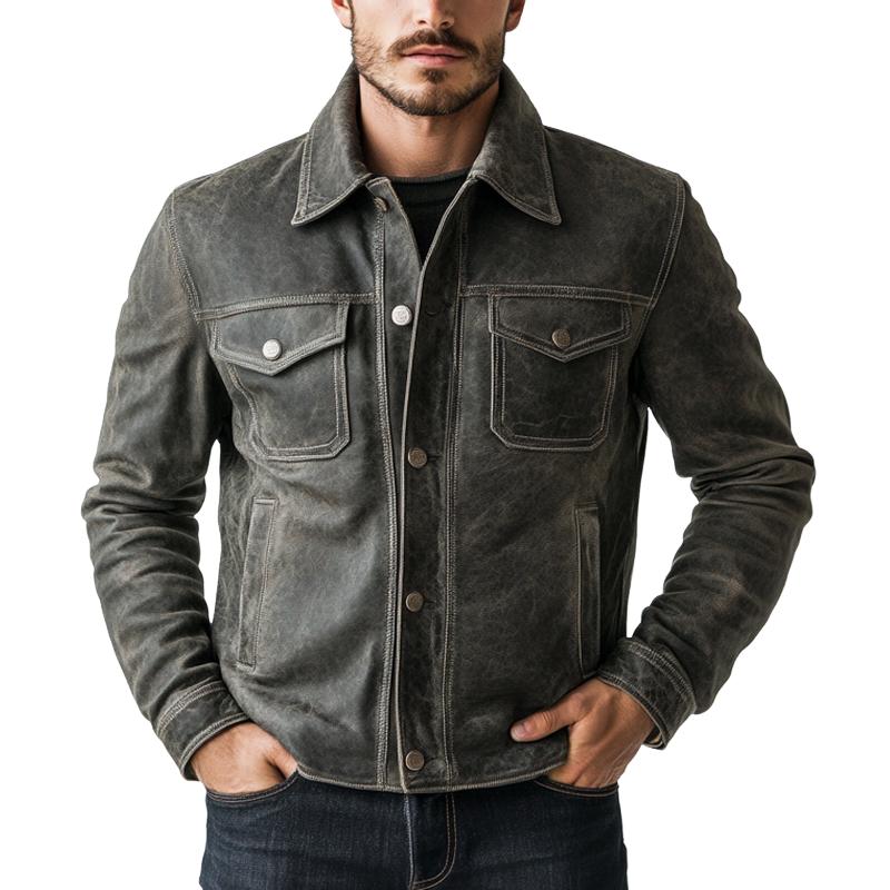 Men's Vintage Distressed Grey Leather Jacket 9272270192824