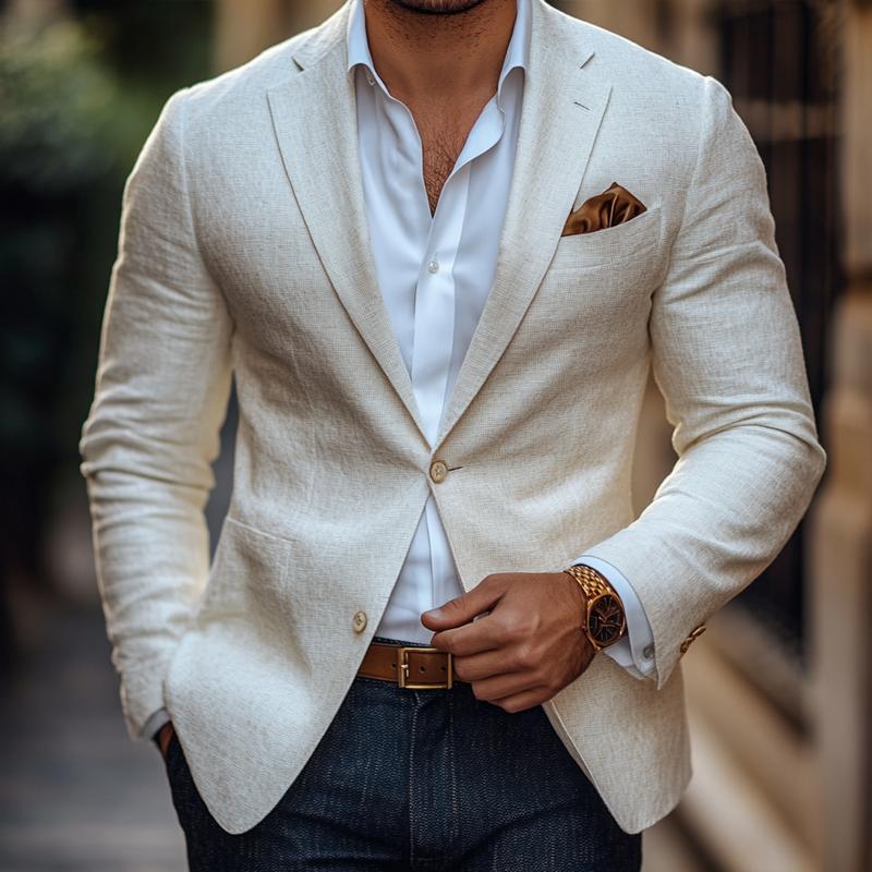 Men's Fashion Solid Color Linen Notch Lapel Two Buttons Casual Blazer 9885839032504
