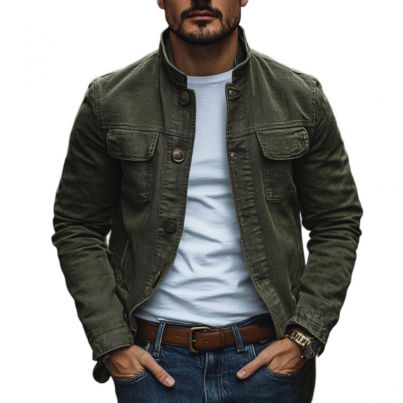 Men's Vintage Washed Cotton Canvas Stand Collar Single Breasted Slim Fit Jacket 9885320020152