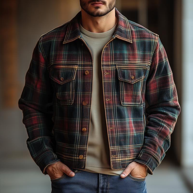 Men's Vintage Checked Lapel Chest Pocket Single Breasted Jacket 9884640936120