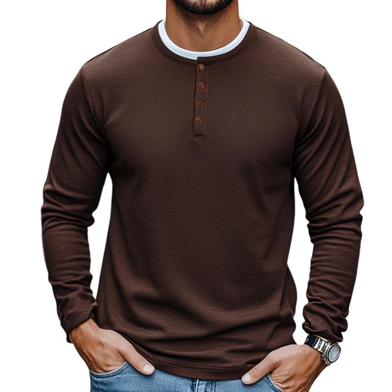 Men's Vintage Casual Solid Color Henley Collar Fake Two Piece Long Sleeve T-Shirt 9273156239544