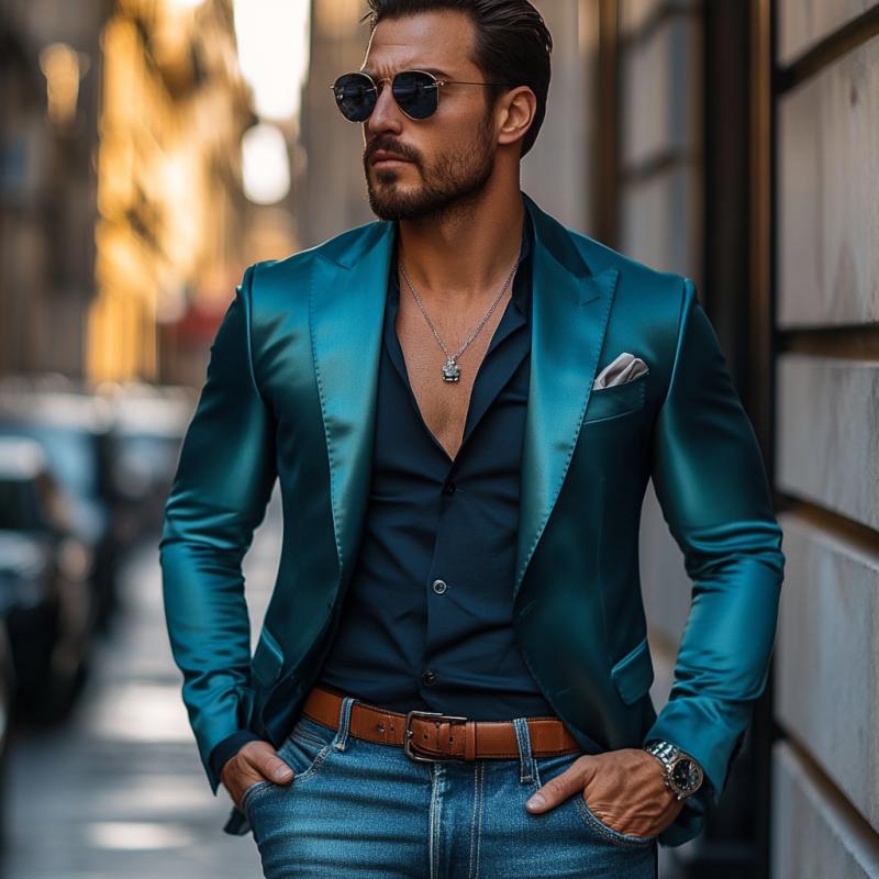 Men's Retro Elegant Satin Peak Lapel Single Breasted Slim Fit Blazer 9873518985400