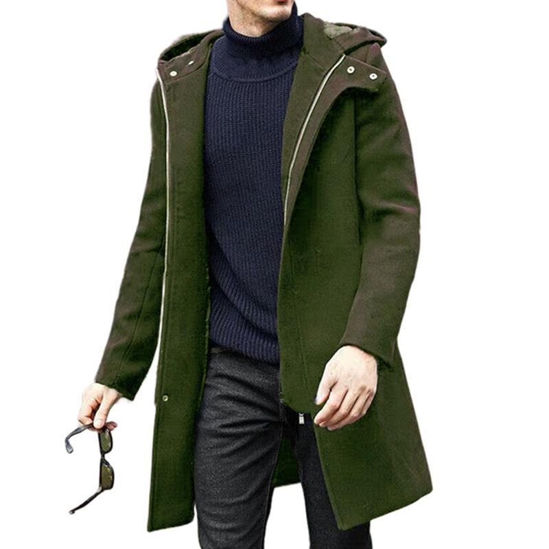 Men's Fashion Solid Color Hooded Zipper Mid-length Coat 9261105086648