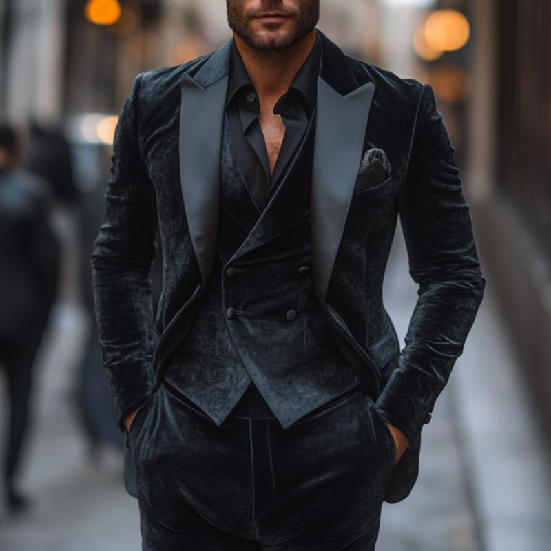 Men's Vintage Velvet Satin Patchwork Peak Lapel Single Breasted Slim Fit Blazer 9873518952632