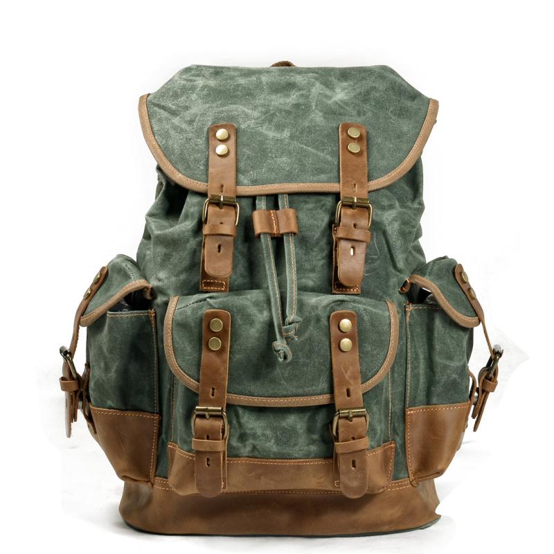 Men's Vintage Outdoor Canvas Stitching Leather Multi-Pocket Backpack 9262190624952