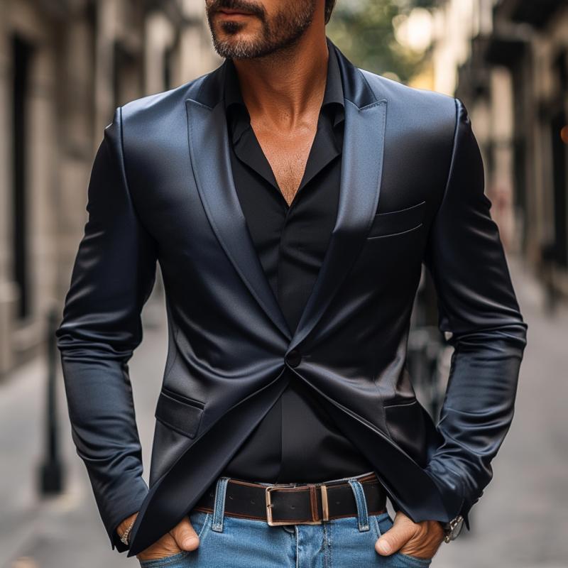 Men's Retro Elegant Satin Peak Lapel Single Breasted Slim Fit Blazer 9873518821560