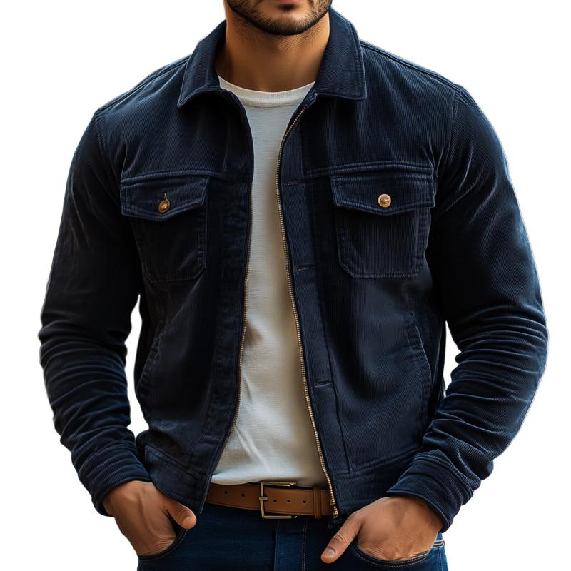 Men's Fashion Solid Color Corduroy Lapel Zipper Jacket 9886818730168