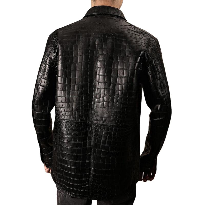Men's Classic Lapel Croc Pattern Leather Long Sleeve Shirt 9886816108728
