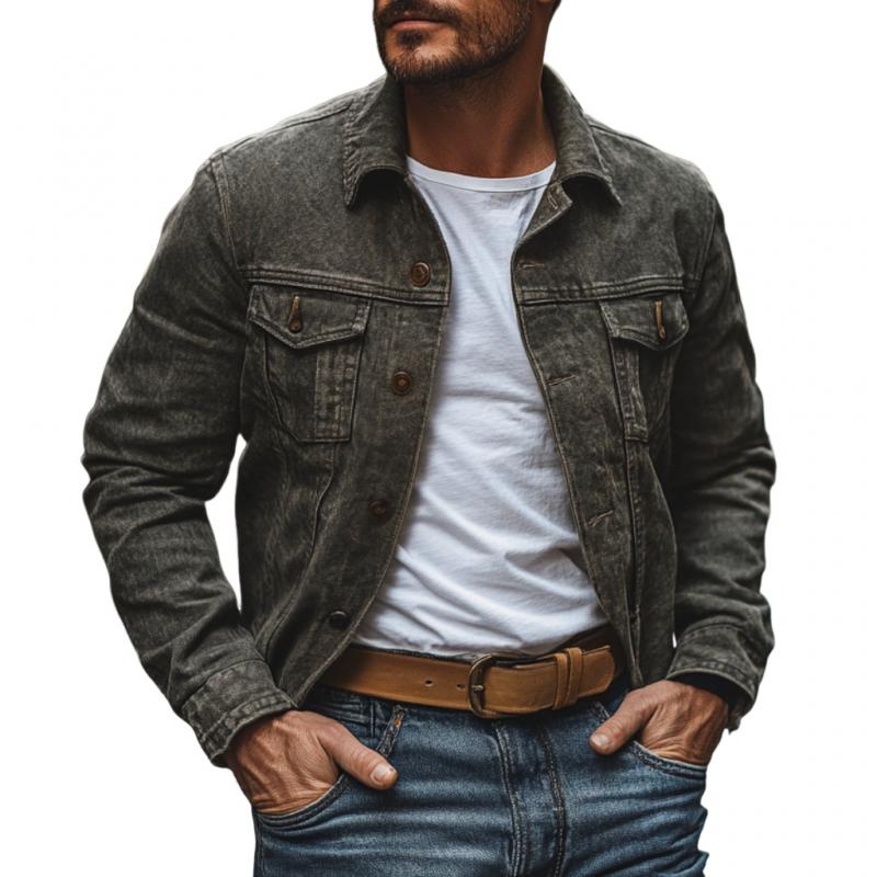 Men's Vintage Washed Denim Lapel Single Breasted Slim Fit Jacket 9885320511672