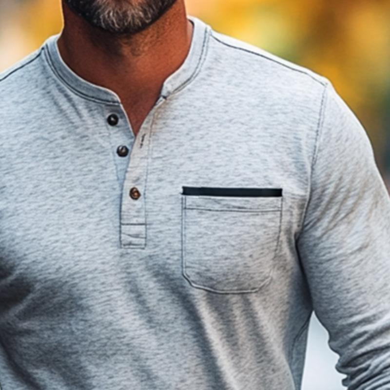 Men's Vintage Casual Pocket Henley Neck Long Sleeve T-Shirt 9877216329912