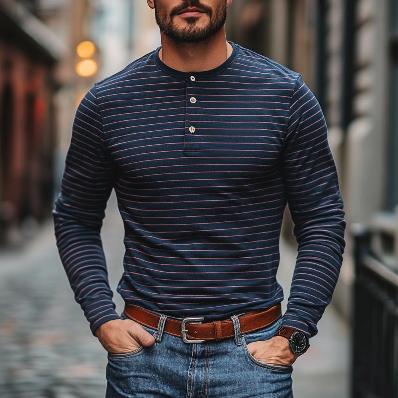 Men's Casual Cotton Blend Striped Henley Collar Slim Fit Long Sleeve T-Shirt 9260832784568