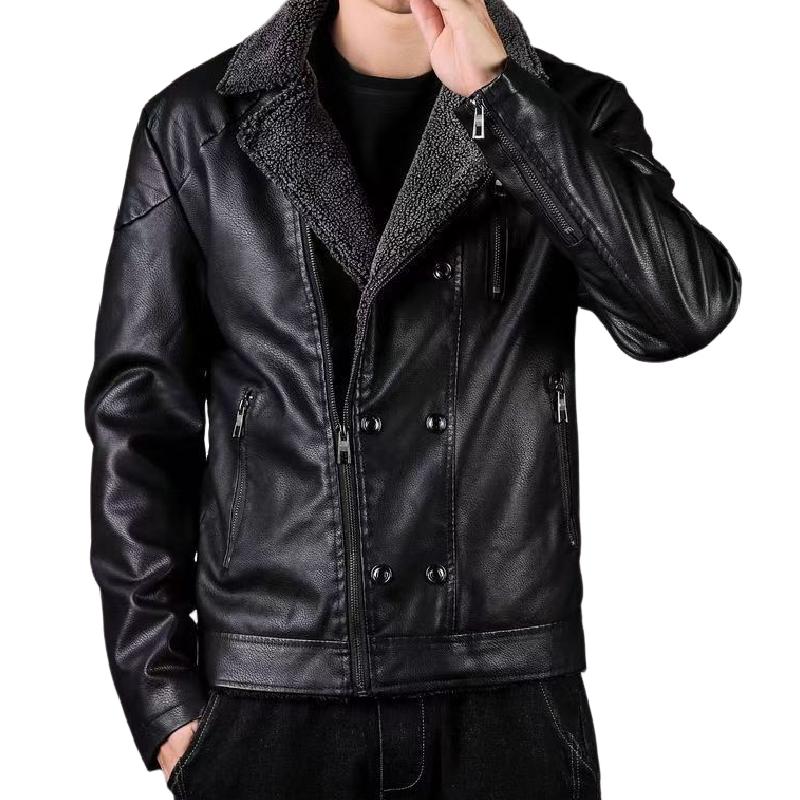 Men's Vintage Leather Fleeve Warm Zipper Slanted Placket Blazer 9268189855928