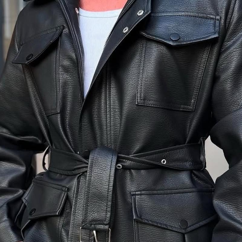 Men Fashion Multi-Pocket Belt Mid-Length Leather Jacket 9882785480888