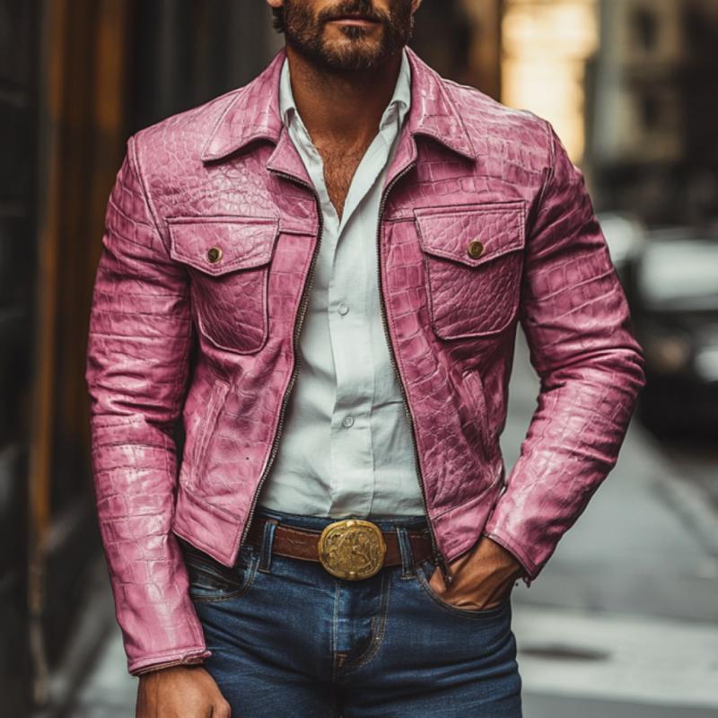 Men's Vintage Crocodile Leather Lapel Zipper Slim Jacket 9887360221368