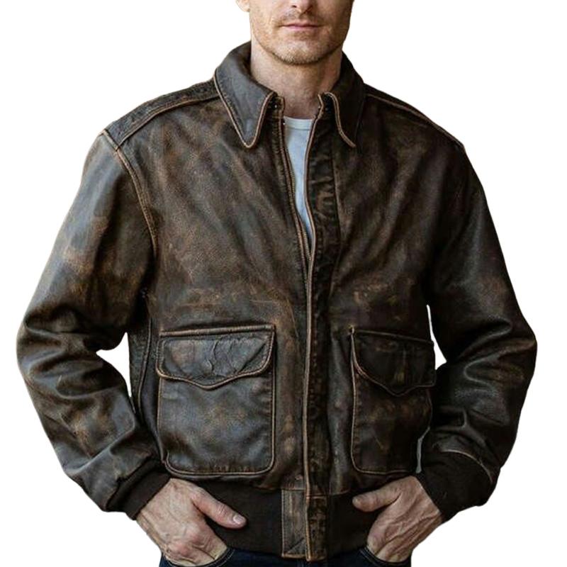 Men's Vintage Distressed Zipper Leather Jacket 9268190118072
