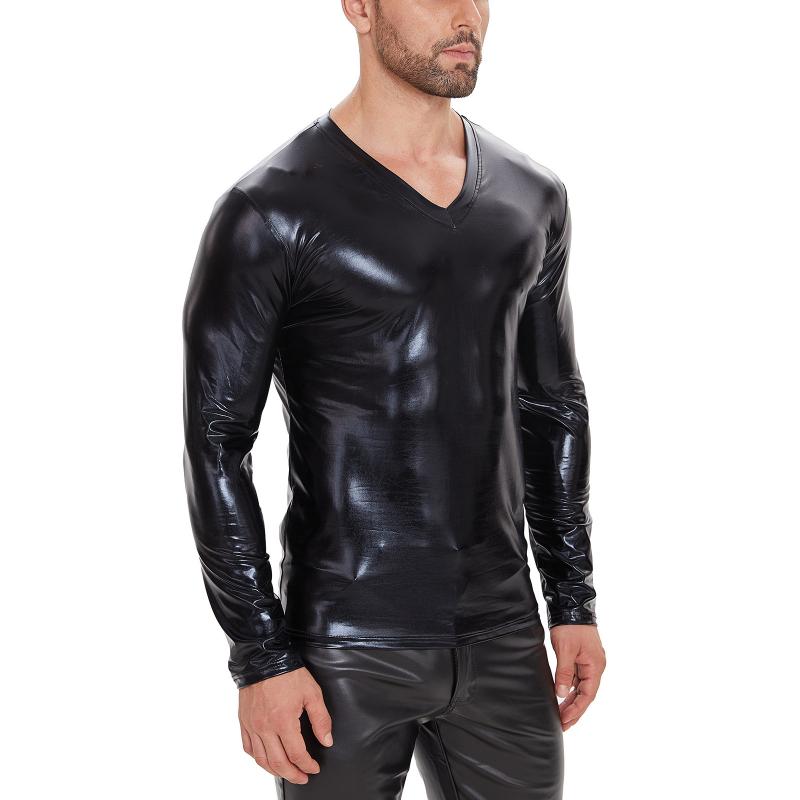 Men's Classic Casual Slim Fit Soft Patent Leather V-Neck Long Sleeve T-Shirt 9271920394424