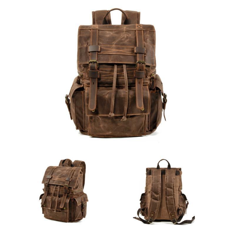 Men's Vintage Beeswax Canvas Outdoor Leather Multi-Pocket Backpack 9262190395576