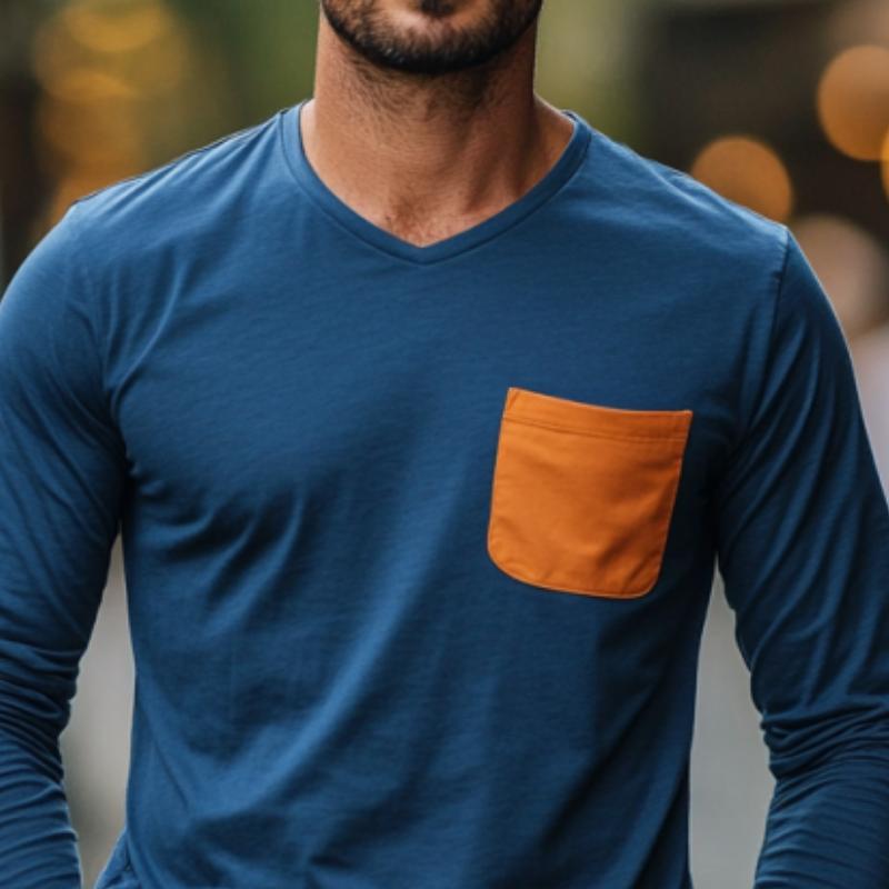 Men's Classic Casual V-Neck Cotton Long Sleeve T-Shirt 9882787381432