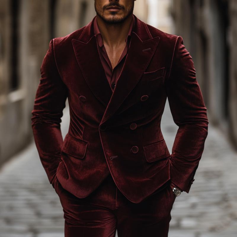 Men's Vintage Velvet Peak Lapel Double Breasted Slim Fit Blazer 9873519050936