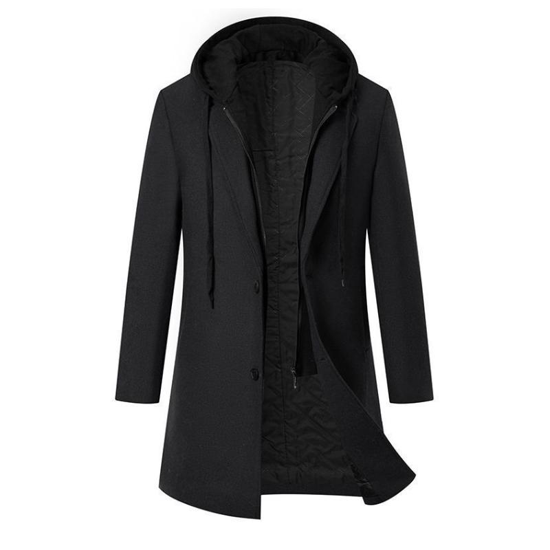 Men's Solid Color Padded Hooded Mid-Length Woolen Coat 9261104529592