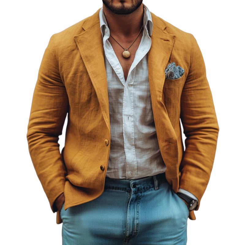 Men's Solid Color Cotton And Linen Notch Lapel Two Buttons Casual Blazer 9873133863096