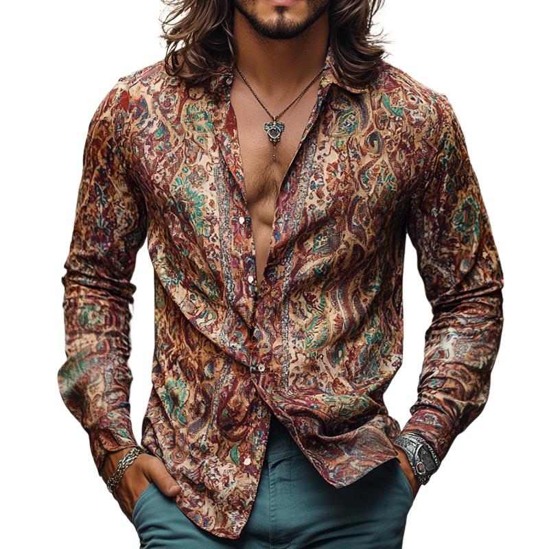 Men's Retro Casual Print Lapel Long Sleeve Shirt 9886819614904
