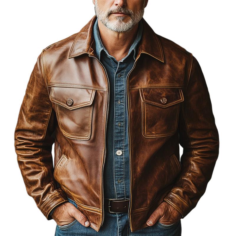 Men's Vintage Distressed Zipper Leather Jacket 9272270258360